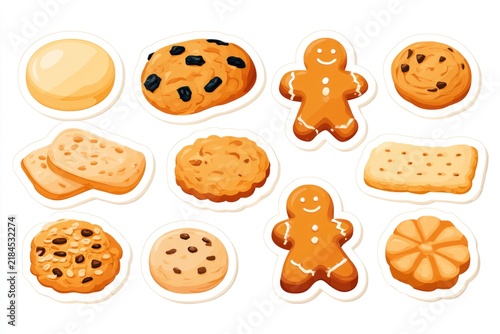 A colorful assortment of various cookies, including gingerbread men, chocolate chip, and butter cookies, displayed in a sticker-style illustration.