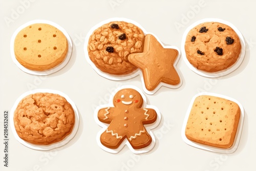 Six assorted cookies including star-shaped, gingerbread, and oatmeal varieties on a white background.
