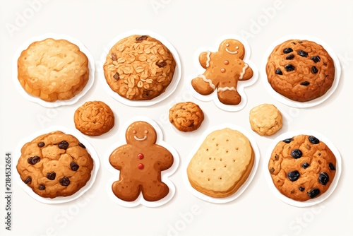 Assortment of various cookies including gingerbread, oatmeal, and chocolate chip, displayed on a white background.