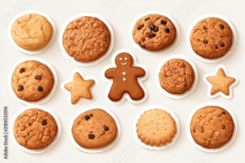 A variety of cookies including stars, gingerbread, and oatmeal, arranged neatly with white borders on a light background.