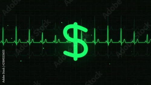 Financial pulse heartbeat line glowing with a green dollar sign icon symbolizing economic health, wealth, and market volatility
