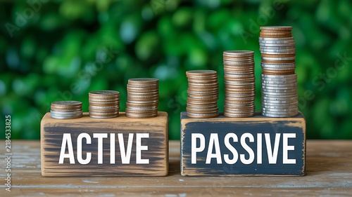 Active and passive income concept with growing stacks of financial savings