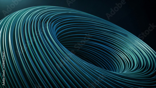 Swirling teal and blue abstract torus shape with dark background, flowing