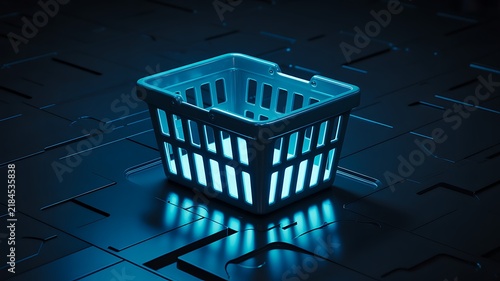 Glowing shopping basket representing online retail, ecommerce and digital commerce
