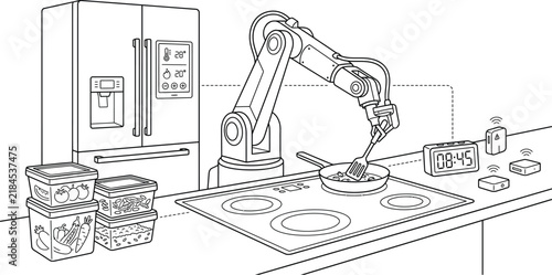 Robotic arm cooking food in a modern kitchen line art illustration