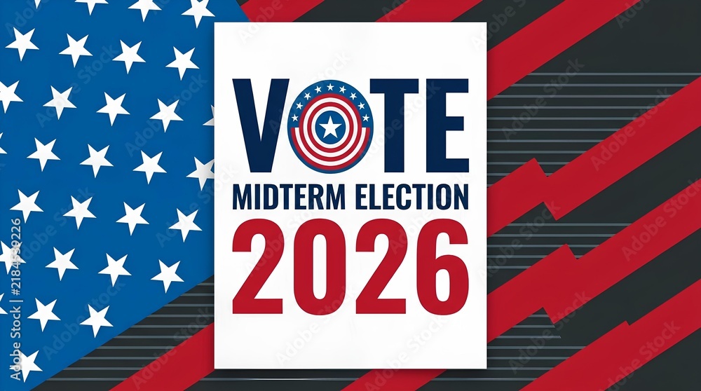 Obraz premium Vote 2026 Midterm Election poster with American flag stars graphic.