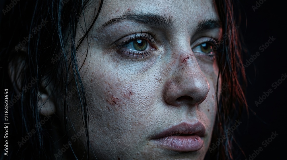 Fototapeta premium Close-up portrait of a young woman with a bruised and injured face under dramatic blue lighting.