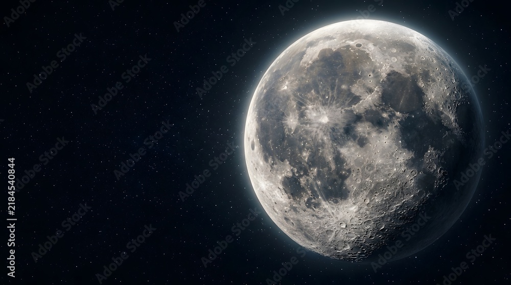 Fototapeta premium A breathtaking full moon as seen from outer space showcasing intricate crater details against a dark starry sky above planet