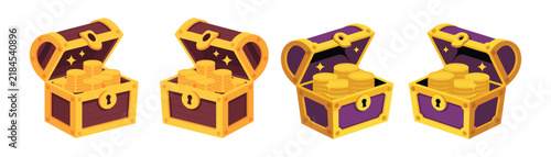 Open treasure chests with gold coins in brown wooden and purple gold designs for fantasy gaming.
