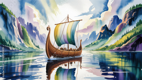 Viking longship sailing through misty mountain fjord in colorful watercolor landscape style.
