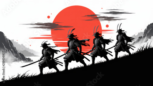 Four samurai warriors' silhouettes walking on a hill with a big red sun behind for wall art.