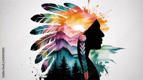Native American profile silhouette with feathers and mountain forest landscape exposure.