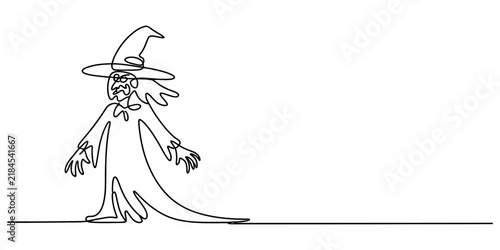 Картината върху платно Continuous single line drawing of a spooky witch wearing a pointed hat