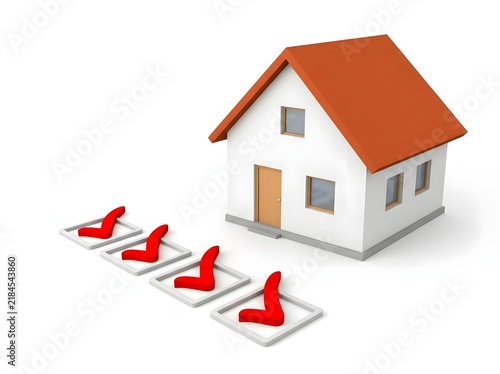 Miniature house model with red roof and checkbox list with red checkmarks real estate check marks