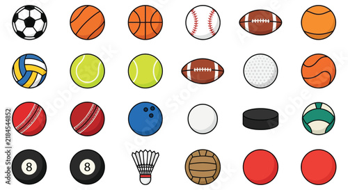 Collection of colorful sports balls depicted as flat vector illustrations