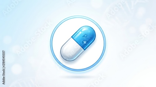 Blue and white medical capsule pill icon inside a circular frame