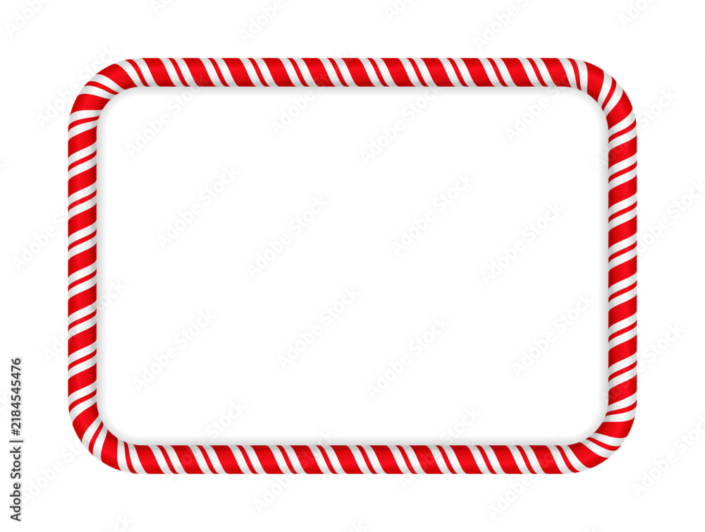 Fototapeta premium Candy cane striped Christmas frame. Red and white rounded rectangular Christmas border. Festive sweet decor for holiday greeting, menu or sale. Vector illustration