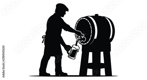 Bartender pouring beer from a wooden barrel black silhouette on white