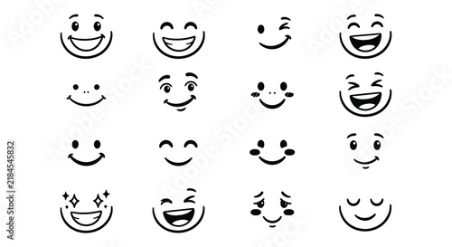 Collection of black and white cartoon face icons with varying expressions