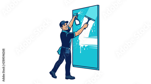Professional window cleaner spraying and wiping a large glass pane with a squeegee