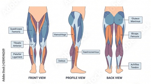 Human Leg Muscle Anatomy Diagram Illustrating Front Side and Back Views for Educational Purpose