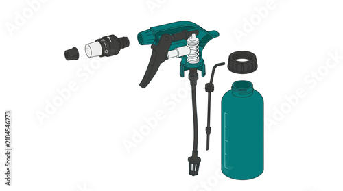 Detailed vector illustration of a disassembled spray bottle mechanism, showcasing individual components for assembly and maintenance in a graphic, technical style