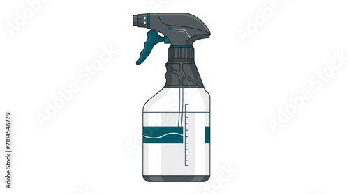 Cleaning spray bottle vector illustration with transparent liquid and trigger nozzle, isolated on white background