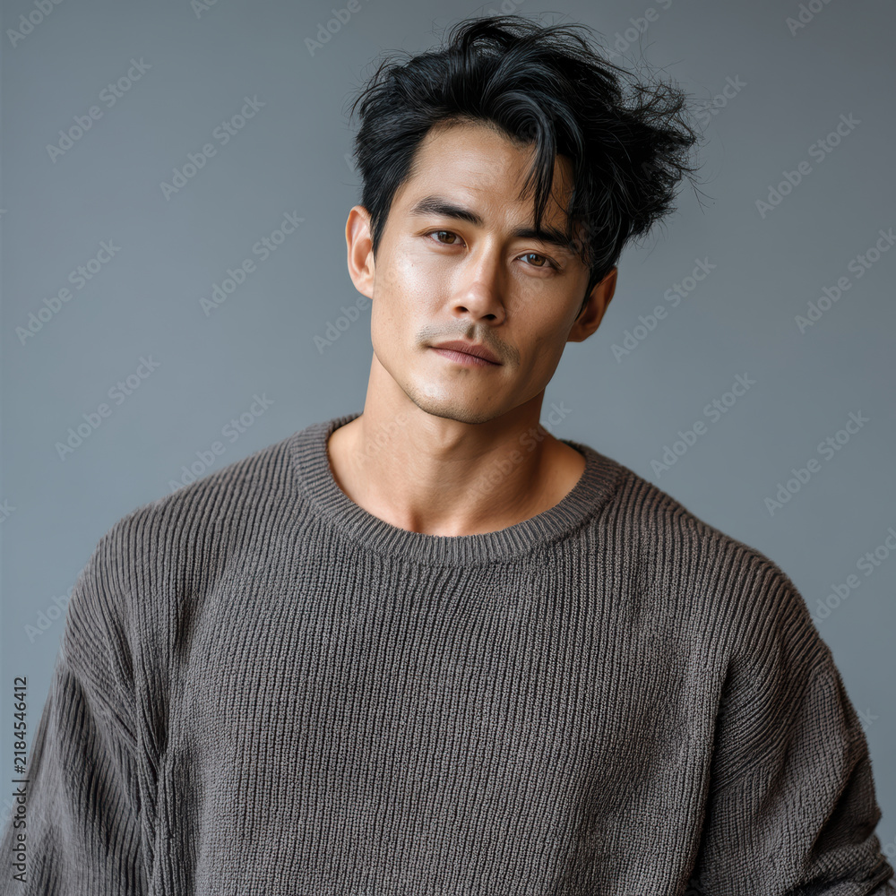 Obraz premium Confident Asian man wearing brown sweater, tousled hair, neutral background, casual fashion, modern style, calm expression, studio portrait