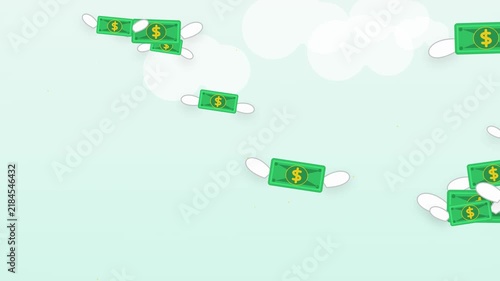 Green dollar banknotes with white wings flying across a light background in a conceptual financial animation