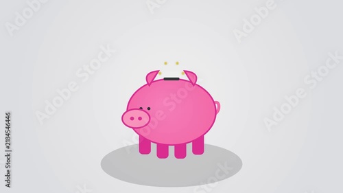 A vibrant pink piggy bank animation featuring a rotating coin drop visual effect isolated on a clean light grey background for finance concept