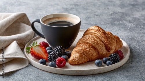 A breakfast setting with a cup of coffee and a croissant on a wooden tray, garnished with fresh berries and a cloth napkin.