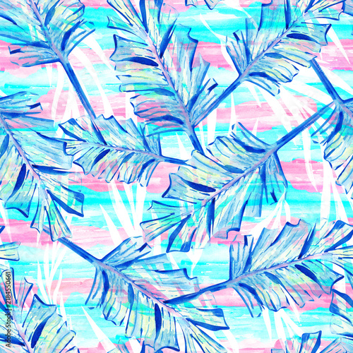 Jungle beach leaves seamless tropical pattern on a blue stripe watercolor background
