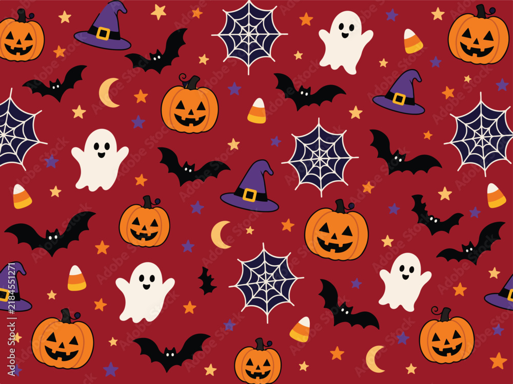 Fototapeta premium Seamless Halloween Pattern with Pumpkins Ghosts Bats and Spiderwebs