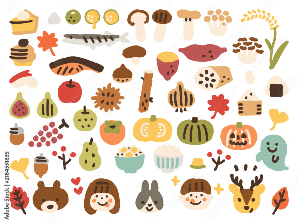 Obraz premium 手描きかわいい秋の味覚セット 線画なし①