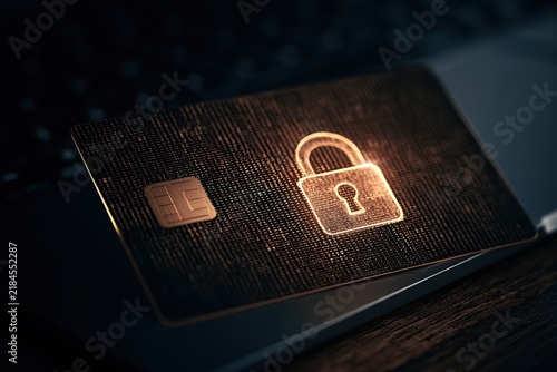 Close-up of a credit card chip with a glowing padlock icon on its surface, representing secure digital payments and card security.