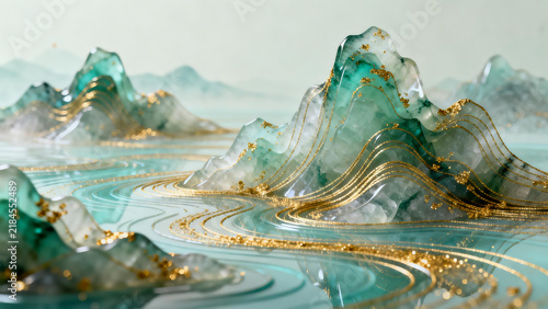 abstract green landscape with flowing golden lines