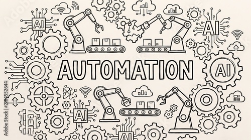 Automation concept doodle with words “AUTOMATION” on clean white background, surrounded by gears, robotic arms, AI symbols, technology icons and etc