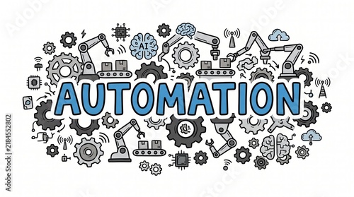 Automation concept doodle with words “AUTOMATION” on clean white background, surrounded by gears, robotic arms, AI symbols, technology icons and etc