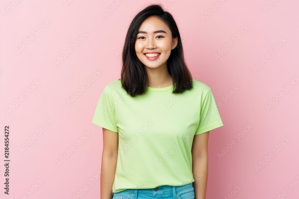 Fototapeta premium Young asian woman posing with a cheerful smile against a pink background