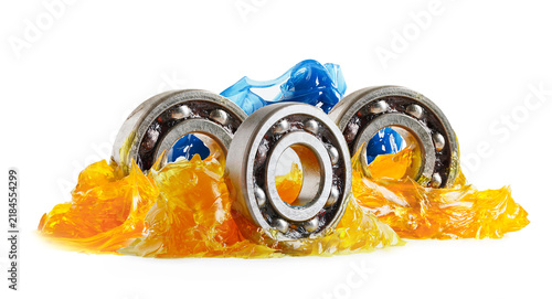 Foto Grease and ball bearing, Blue premium quality synthetic lithium complex grease, high temperatures and machinery lubrication for automotive and industrial