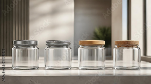 Empty glass storage jars with wooden lids on shelf.