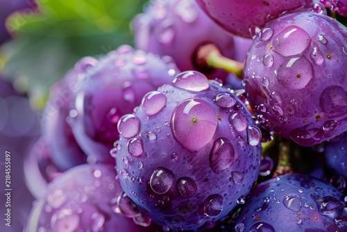 Close up of ripe purple grapes glistening with water droplets, showcasing the freshness and beauty of nature's bounty