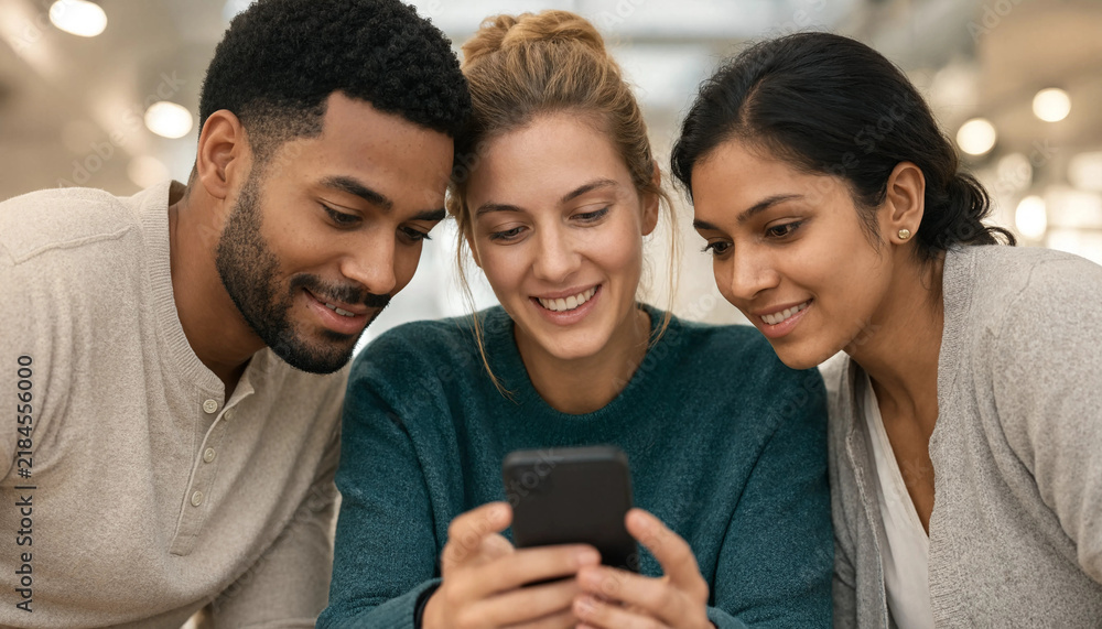 Obraz premium Three young adults smiling while looking at smartphone together indoors in casual setting