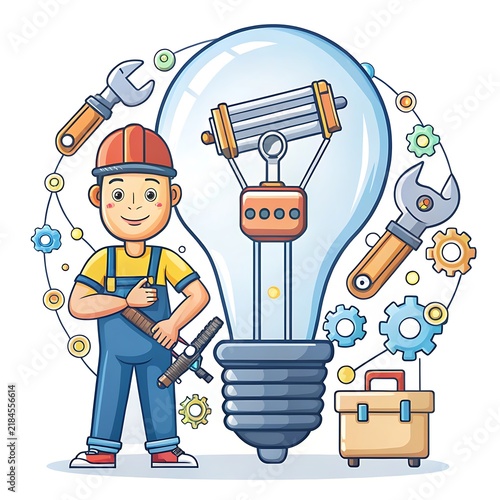 Professional worker with tools standing next to a large light bulb idea concept hard hat problem solving manual labor
