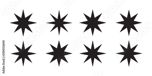 Eight point star silhouettes collection in bold black color suitable for geometric patterns and logos.