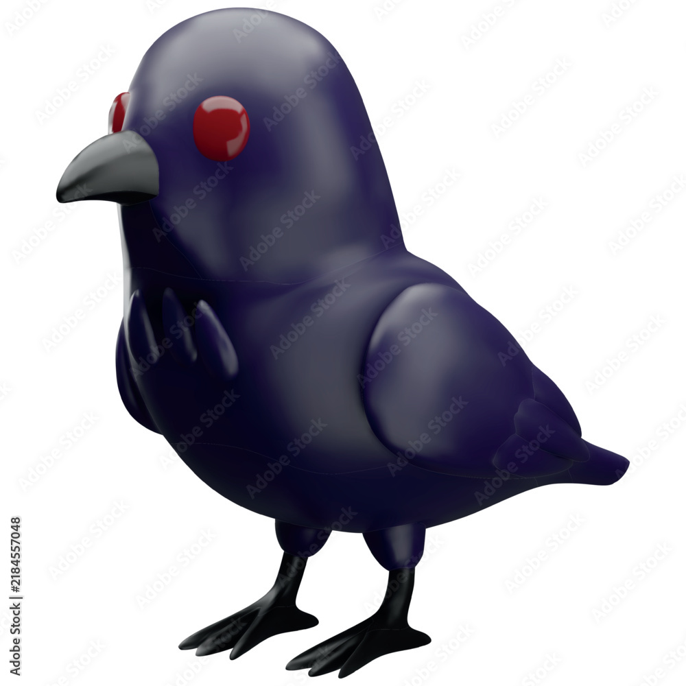 Obraz premium Black bird raven, crow 3D plastic cartoon style vector icon, volume pigeon fowl character Halloween spooky symbol