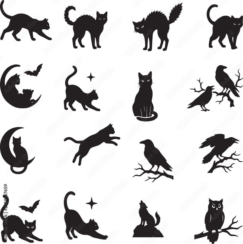 Obraz premium Halloween Black Cat, Bat, Crow and Owl Silhouette Collection with Moon and Spooky Elements
