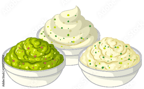 Vector Illustration of Mexican Food Dips in White Bowls