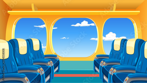 Interior View of Empty Airplane Cabin with Blue Seats and Sky Windows
