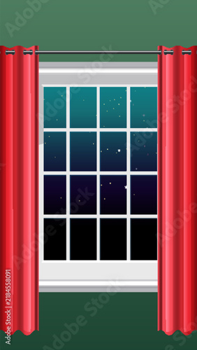 Vector Illustration of a Window with Red Curtains and Starry Night Sky